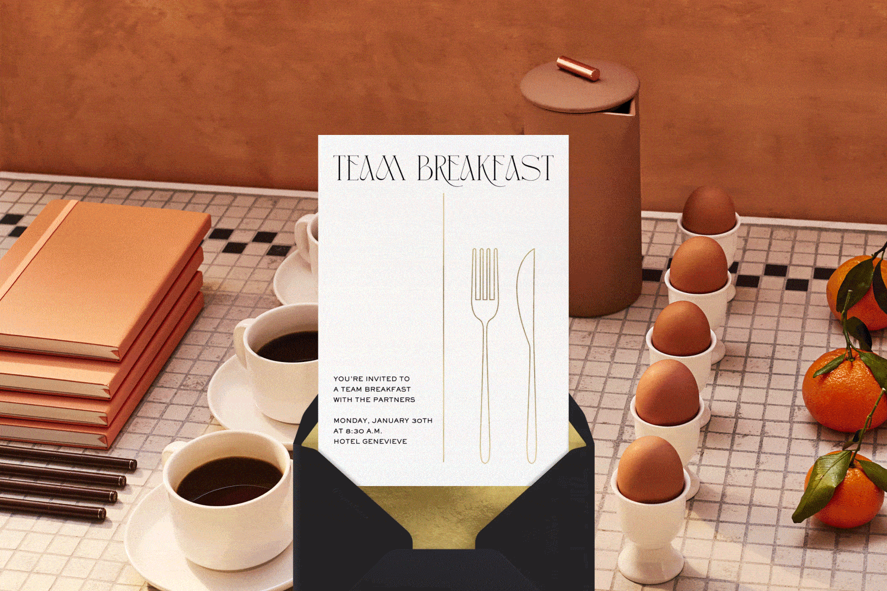 An animation showing different business invitations in front of backgrounds showing tables of various food and drinks.