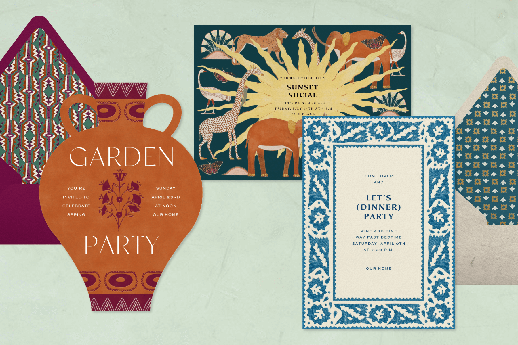 Three Jungalow invitations with matching envelopes.