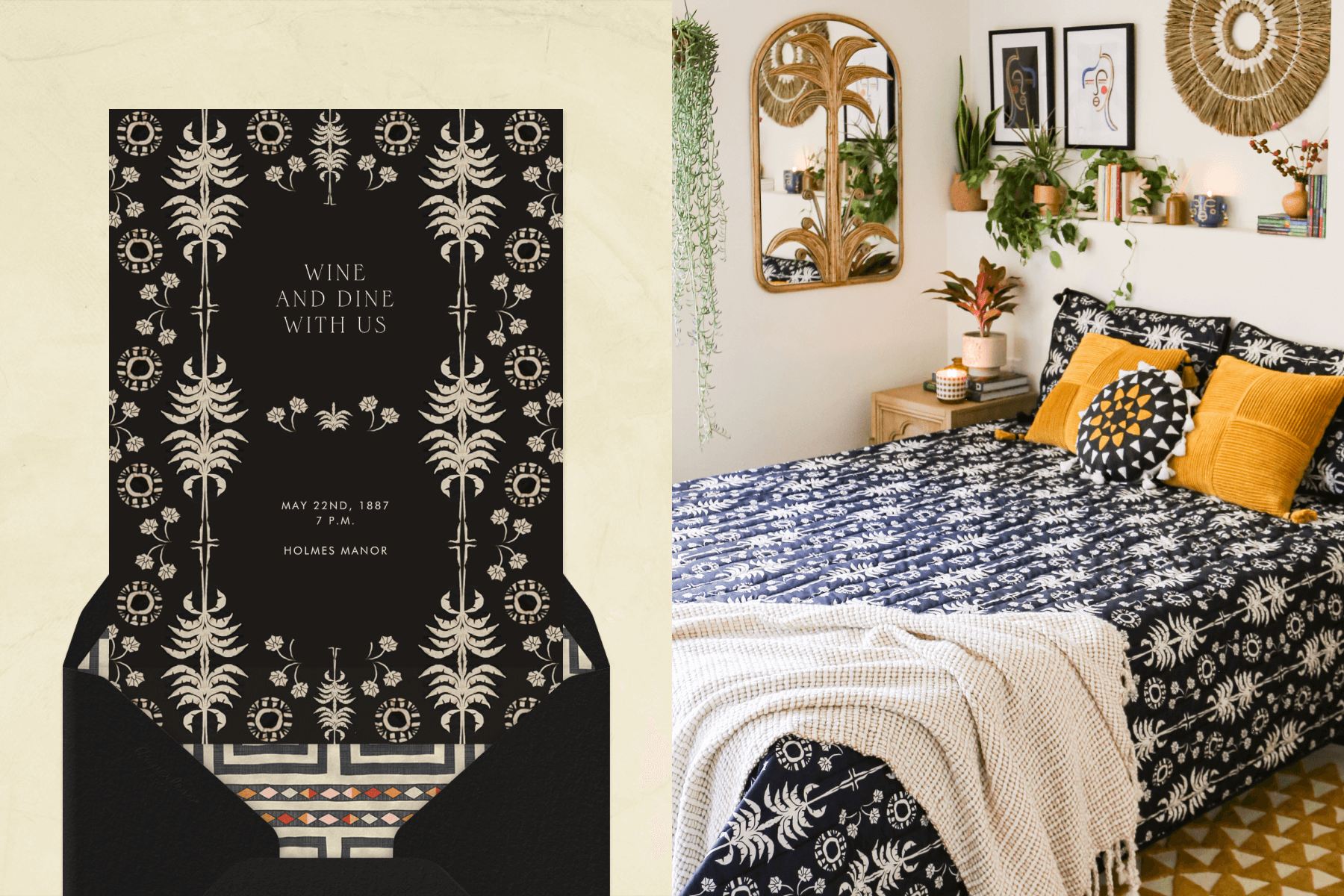A black and white patterned invitation; A bed with bedding in the same black and white pattern.