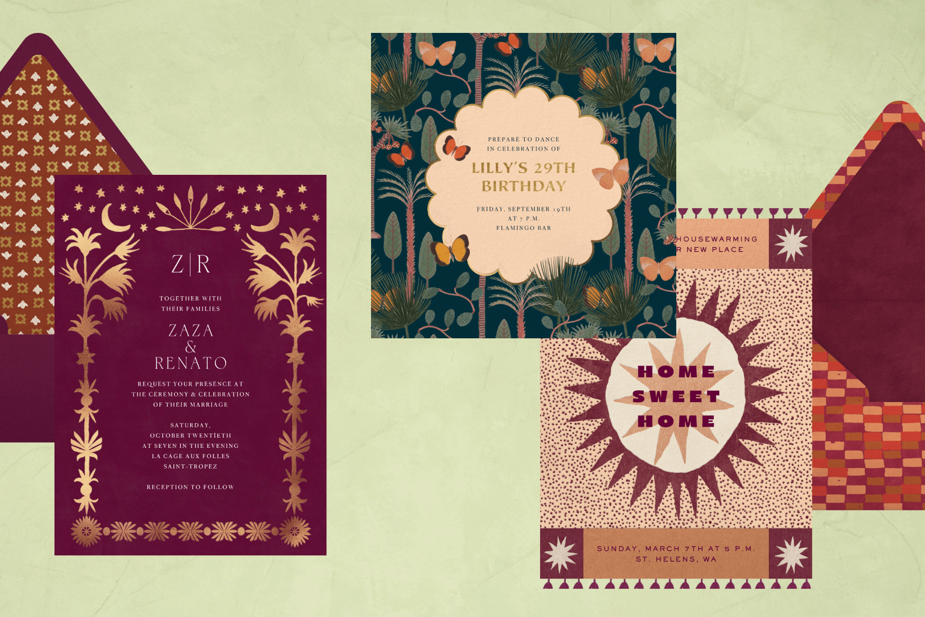 Three Jungalow invitations and matching envelopes.